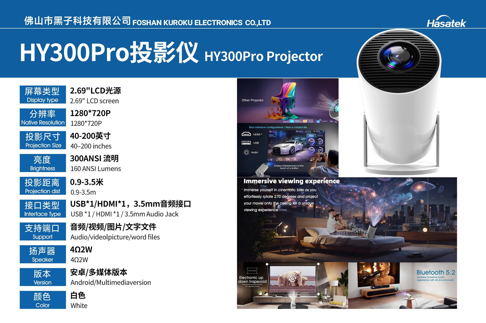 HY300Pro Projector, 包含产品介绍与规格